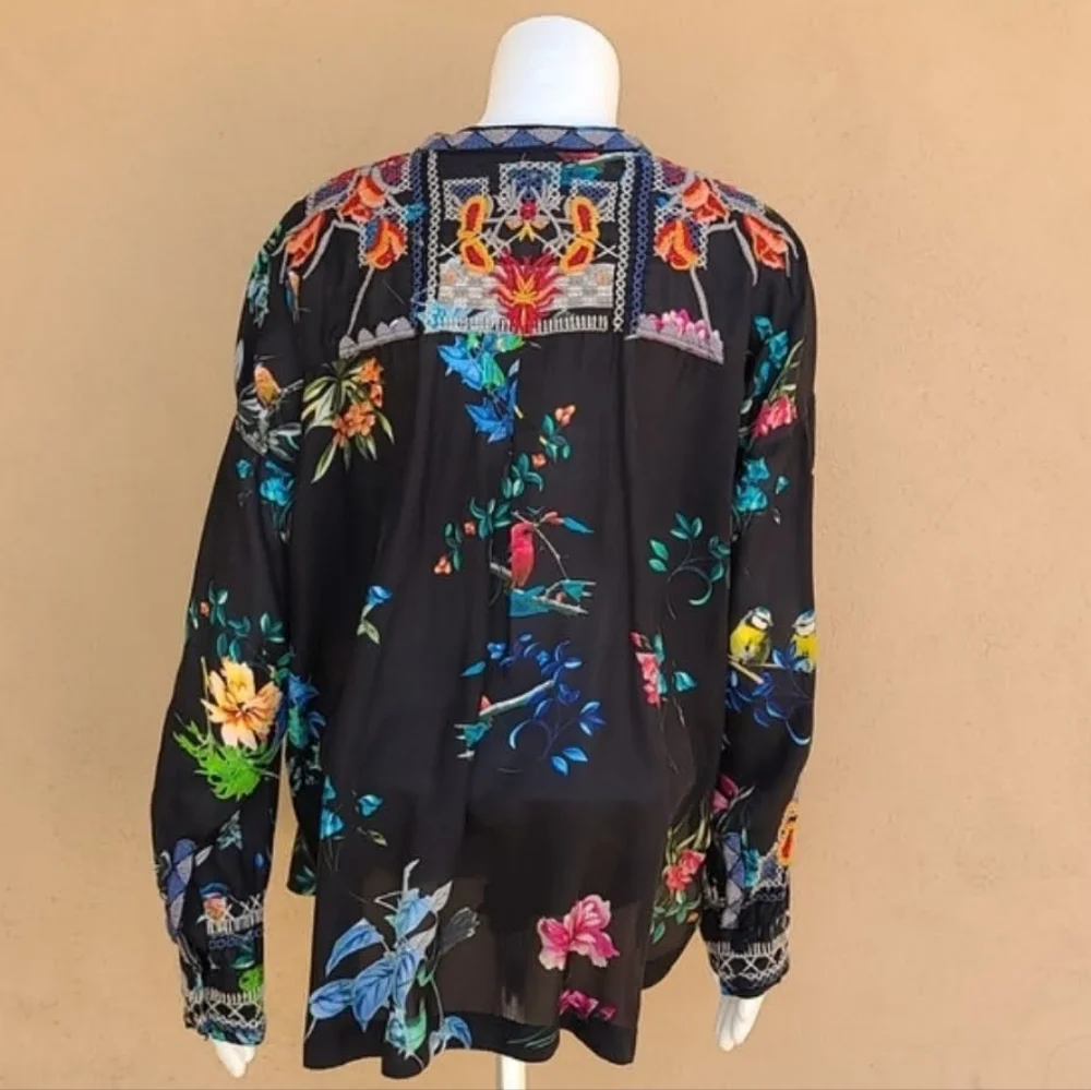 JOHNNY WAS BIYA ANTHRO Veda Embroidered Silk Blouse S M L Shirt Peasant Top Boho